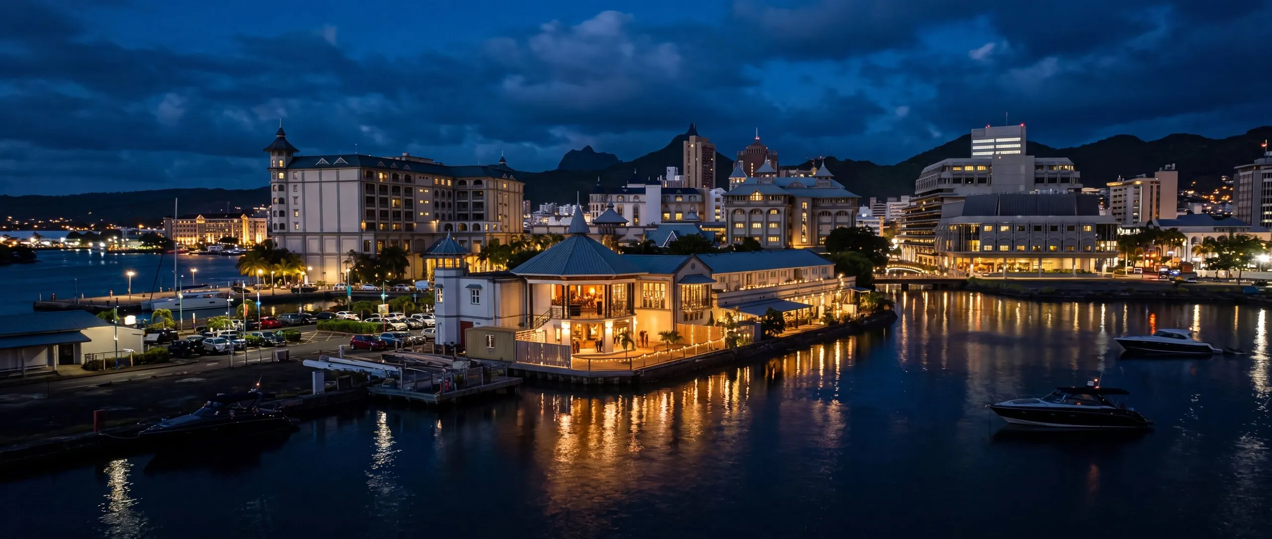 The Caudan Waterfront marina at dusk