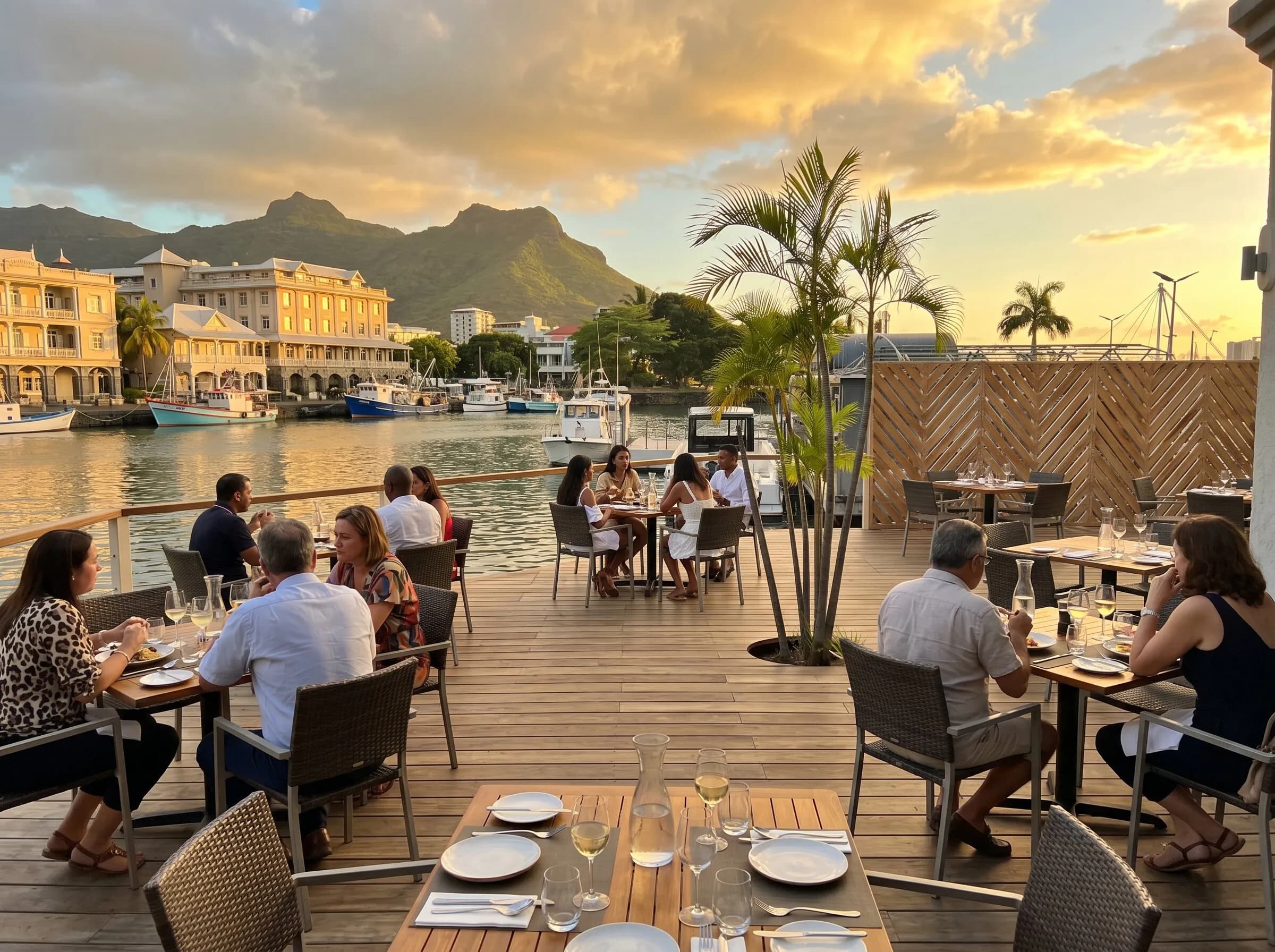 The waterside cafe at Secrets, tables set beside the marina