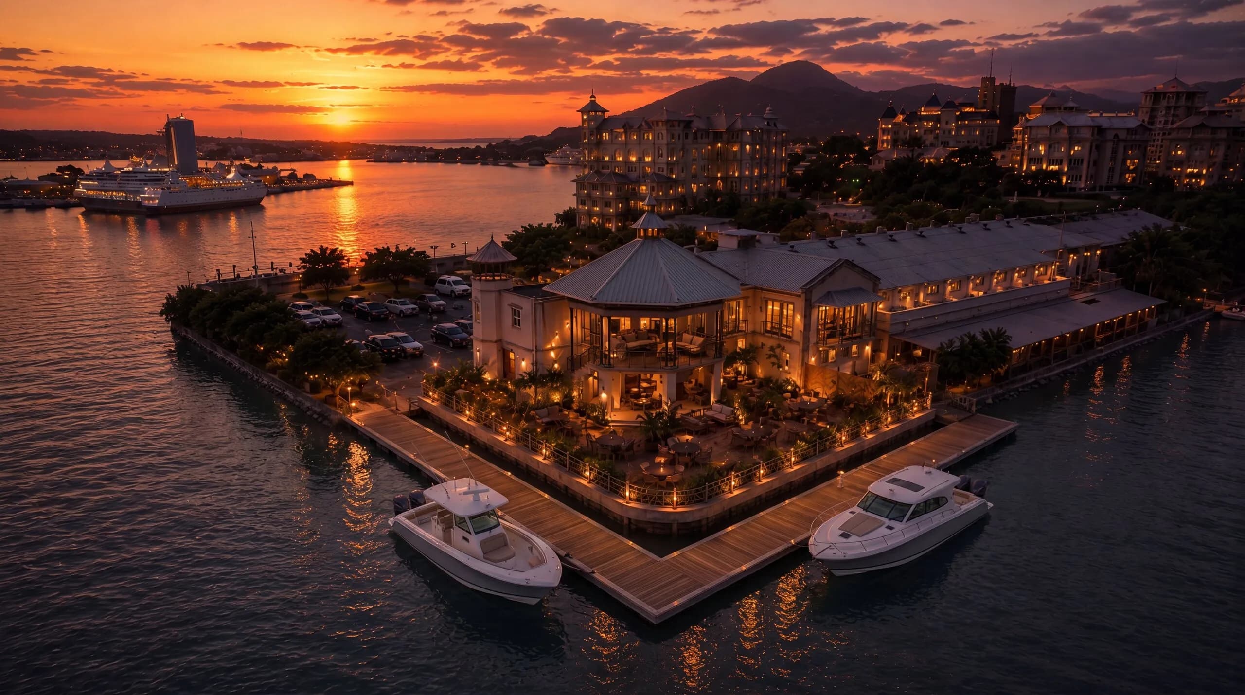 Secrets Private Lounge lit at dusk on the Caudan Waterfront marina